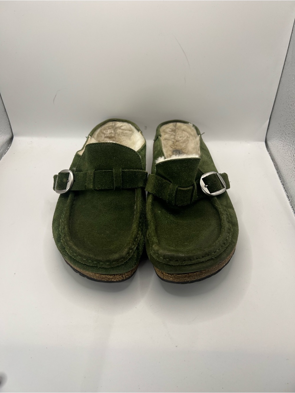 Birkenstock Olive Green Suede Shearling Clogs with Buckle - Picture 5 of 13